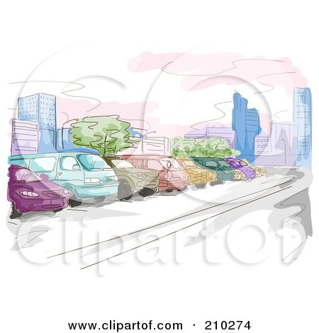 Royalty-Free (RF) Clipart Illustration of a Watercolor And Sketched Parking Lot Scene by BNP Design Studio