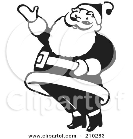 Royalty-Free (RF) Clipart Illustration of a Retro Black And White Santa Presenting To The Left by BestVector