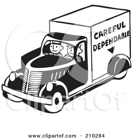 Royalty-Free (RF) Clipart Illustration of Retro Black And White Men Driving A Careful Dependable Delivery Truck by BestVector