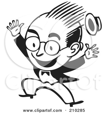 Royalty-Free (RF) Clipart Illustration of a Retro Black And White Businessman Jumping by BestVector