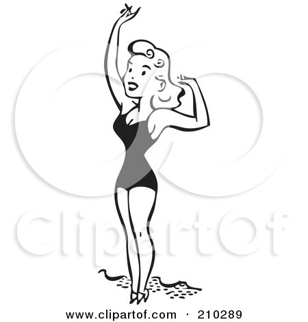 Royalty-Free (RF) Clipart Illustration of a Retro Black And White Bathing Beauty Smiling And Waving by BestVector