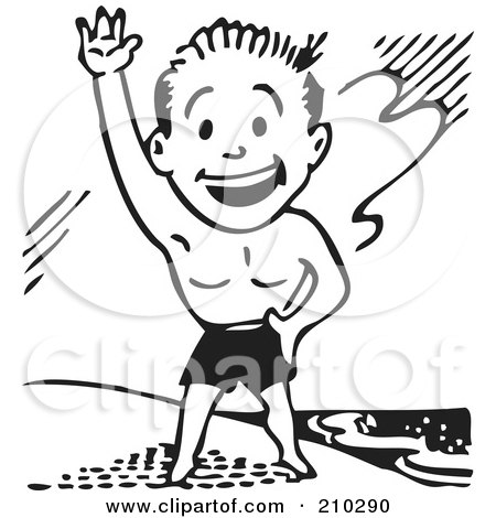 Royalty-Free (RF) Clipart Illustration of a Retro Black And White Man In Swim Trunks, Waving On A Beach by BestVector