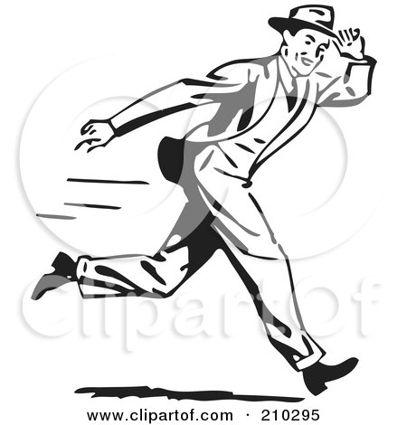 Royalty-Free (RF) Clipart Illustration of a Retro Black And White Man Holding Onto His Hat While Running by BestVector