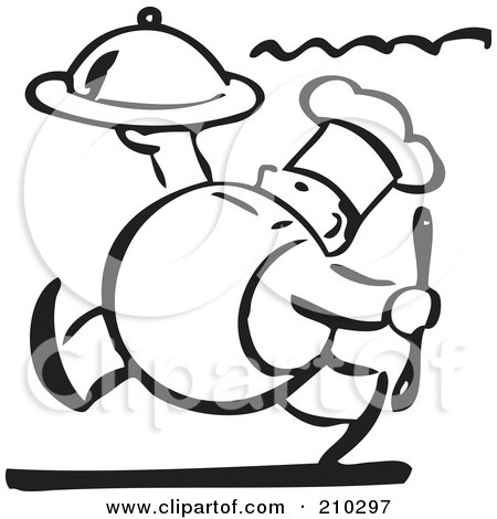 Royalty-Free (RF) Clipart Illustration of a Retro Black And White Chef Carrying A Platter by BestVector
