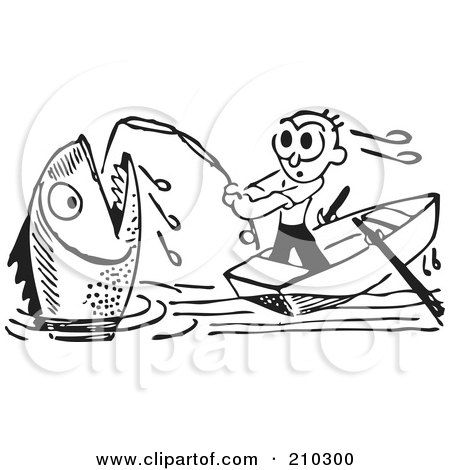 Royalty-Free (RF) Clipart Illustration of a Retro Black And White Man Reeling In A Giant Fish by BestVector