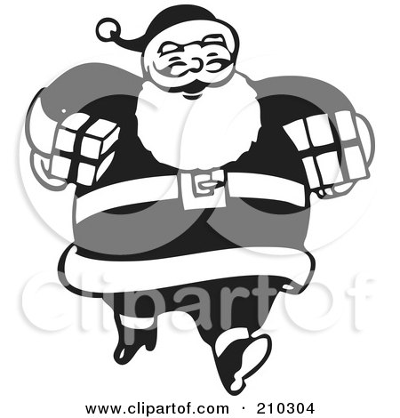 Royalty-Free (RF) Clipart Illustration of a Retro Black And White Santa Carrying Two Gifts by BestVector