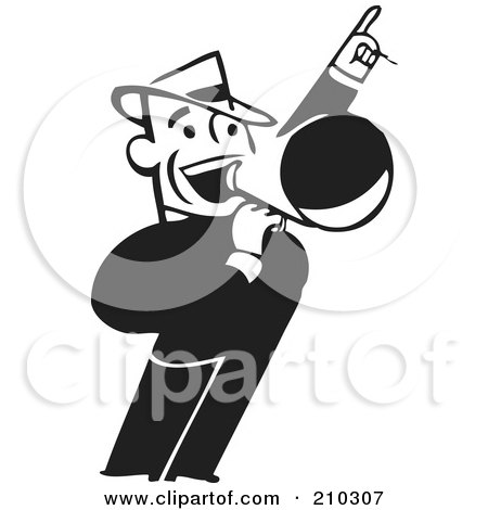 Royalty-Free (RF) Clipart Illustration of a Retro Black And White Businessman Announcing by BestVector