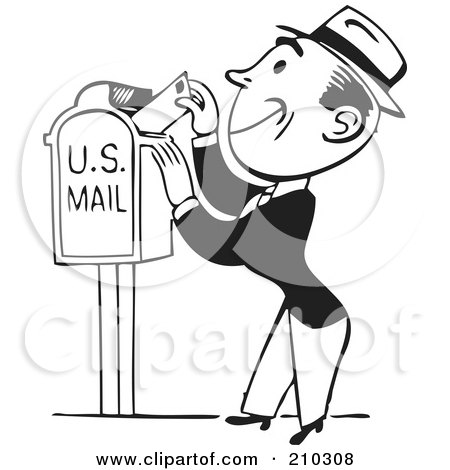 Royalty-Free (RF) Clipart Illustration of a Retro Black And White Man Inserting A Letter In A Mail Box by BestVector