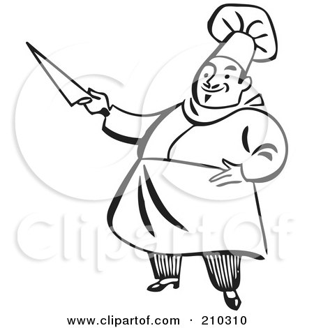 Royalty-Free (RF) Clipart Illustration of a Retro Black And White Chef Holding A Knife by BestVector