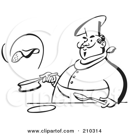 Royalty-Free (RF) Clipart Illustration of a Retro Black And White Chef Flipping A Pancake by BestVector