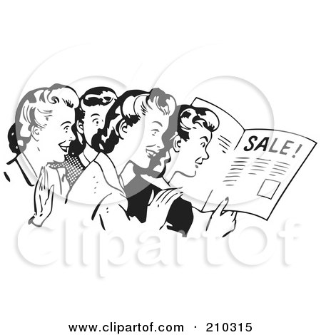 Royalty-Free (RF) Clipart Illustration of a Retro Black And White Women Reading An Advertisement by BestVector