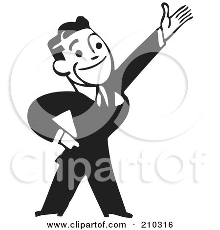 Royalty-Free (RF) Clipart Illustration of a Retro Black And White Businessman Gesturing Up Right by BestVector