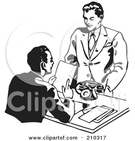 Royalty-Free (RF) Clipart Illustration of a Retro Black And White Businessman Discussing A Resume With An Applicant by BestVector