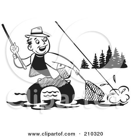 Royalty-Free (RF) Clipart Illustration of a Retro Black And White Man Wading And Trying To Get His Fish In A Net by BestVector