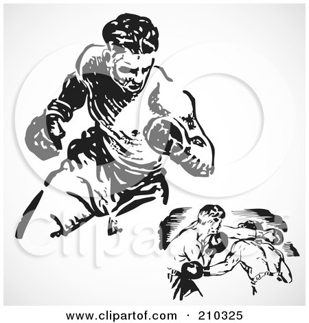 Royalty-Free (RF) Clipart Illustration of a Digital Collage Of Retro Black And White Boxers Fighting by BestVector