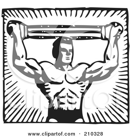 Royalty-Free (RF) Clipart Illustration of a Retro Black And White Bodybuilder Pulling A Band Above His Head by BestVector