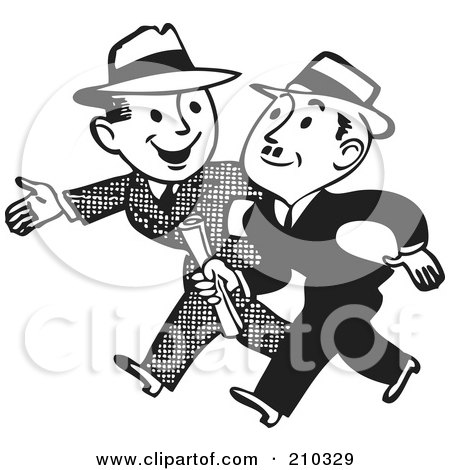 Royalty-Free (RF) Clipart Illustration of Retro Black And White Businessmen Talking And Walking by BestVector