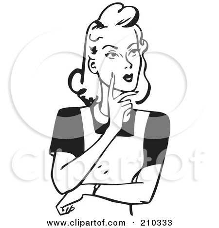 Royalty-Free (RF) Clipart Illustration of a Retro Black And White Woman Touching Her Cheek And Thinking by BestVector