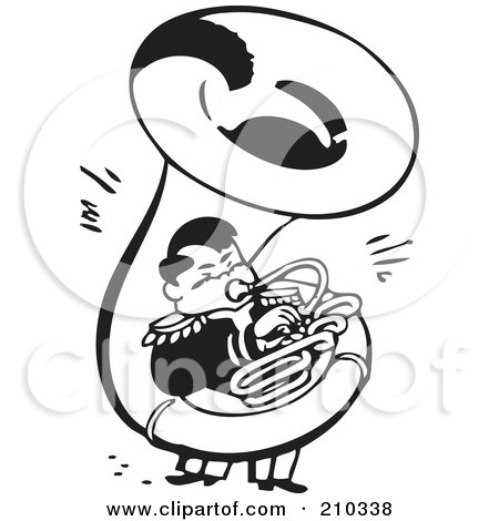 Royalty-Free (RF) Clipart Illustration of a Retro Black And White Man Playing A Sousaphone by BestVector