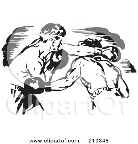 Royalty-Free (RF) Clipart Illustration of Retro Black And White Boxers Fighting by BestVector
