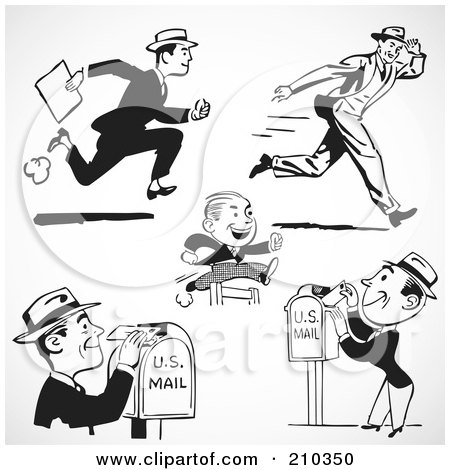 Royalty-Free (RF) Clipart Illustration of a Digital Collage Of Retro Black And White Men Running And Sending Mail by BestVector