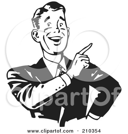 Royalty-Free (RF) Clipart Illustration of a Retro Black And White Businessman Smiling And Pointing by BestVector