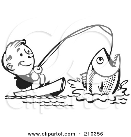 Royalty-Free (RF) Clipart Illustration of a Retro Black And White Man Catching A Giant Fish by BestVector