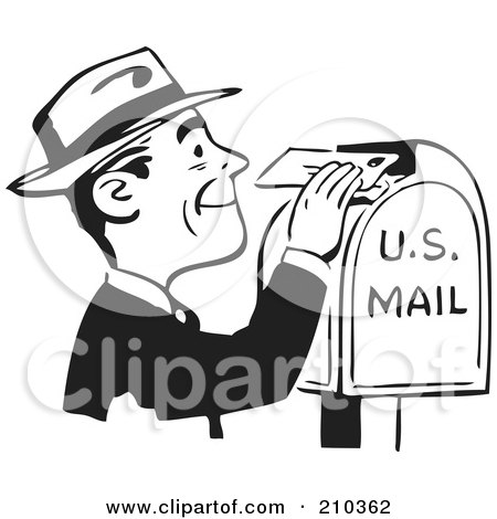 Royalty-Free (RF) Clipart Illustration of a Retro Black And White Man Inserting A Letter In A Postal Box by BestVector