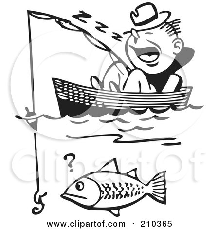 Royalty-Free (RF) Clipart Illustration of a Retro Black And White Man Sleeping In A Boat And Catching A Fish by BestVector