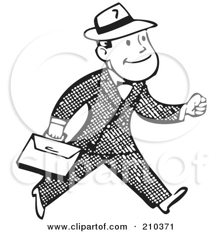 Royalty-Free (RF) Clipart Illustration of a Retro Black And White Businessman Carrying A Briefcase by BestVector