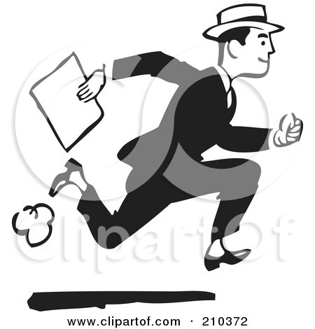 Royalty-Free (RF) Clipart Illustration of a Retro Black And White Man Running With A Document by BestVector
