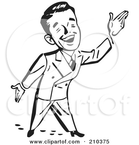 Royalty-Free (RF) Clipart Illustration of a Retro Black And White Businessman Gesturing Up To The Right by BestVector