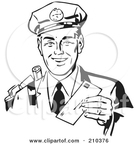 Royalty-Free (RF) Clipart Illustration of a Retro Black And White Mailman Holding A Letter by BestVector