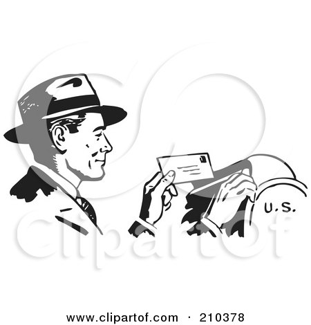 Royalty-Free (RF) Clipart Illustration of a Retro Black And White Businessman Dropping Mail In A Box by BestVector