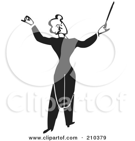 Royalty-Free (RF) Clipart Illustration of a Retro Black And White Music Conductor Facing Away by BestVector