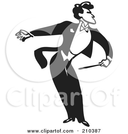 Royalty-Free (RF) Clipart Illustration of a Retro Black And White Music Conductor Facing Right, Bending And Holding An Arm Back by BestVector