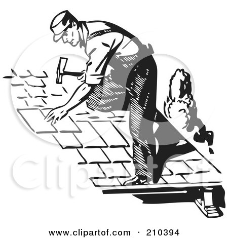 Royalty-Free (RF) Clipart Illustration of a Retro Black And White Roofer Installing Shingles by BestVector