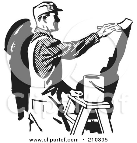 Royalty-Free (RF) Clipart Illustration of a Retro Black And White Painter Painting A Wall by BestVector