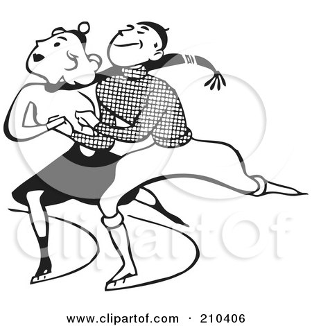 Royalty-Free (RF) Clipart Illustration of a Retro Black And White Couple Ice Skating by BestVector