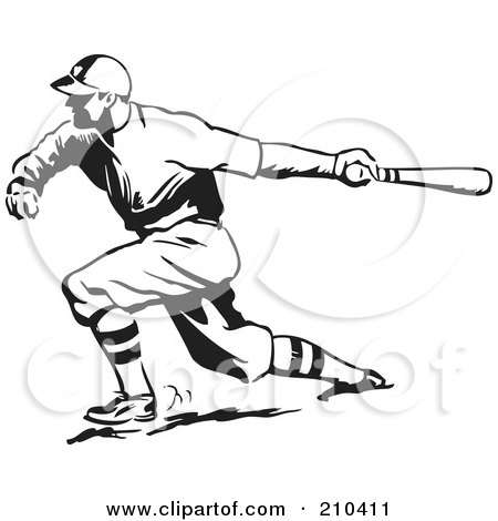 Royalty-Free (RF) Clipart Illustration of a Retro Black And White Baseball Player Batting by BestVector