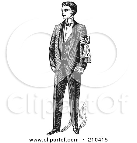 Royalty-Free (RF) Clipart Illustration of a Retro Black And White Gentleman Standing In A Suit - 2 by BestVector