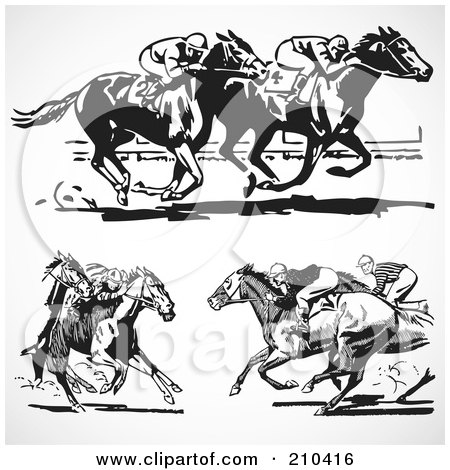 Royalty-Free (RF) Clipart Illustration of a Digital Collage Of Retro Black And White Horse Races by BestVector