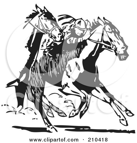 Royalty-Free (RF) Clipart Illustration of Retro Black And White Racing Horses by BestVector