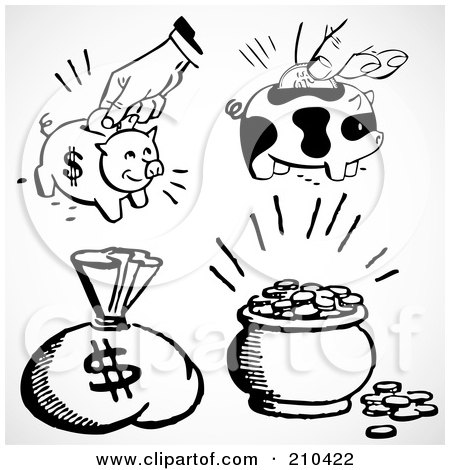 Royalty-Free (RF) Clipart Illustration of a Digital Collage Of A Money Sack, Piggy Banks And Coins by BestVector