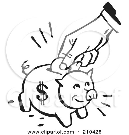 Royalty-Free (RF) Clipart Illustration of a Retro Black And White Hand Inserting A Coin Into A Piggy Bank by BestVector