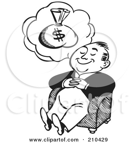 Royalty-Free (RF) Clipart Illustration of a Retro Black And White Man Dreaming Of Money by BestVector