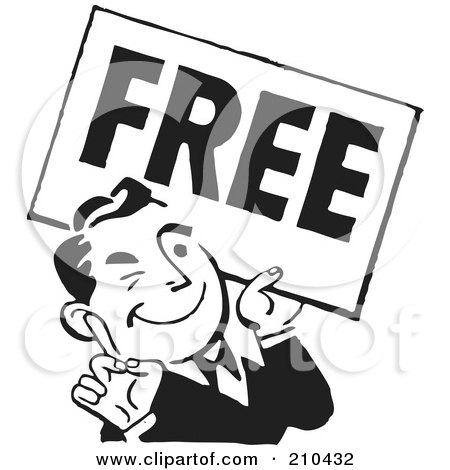 Royalty-Free (RF) Clipart Illustration of a Retro Black And White Man Carrying A Free Sign by BestVector