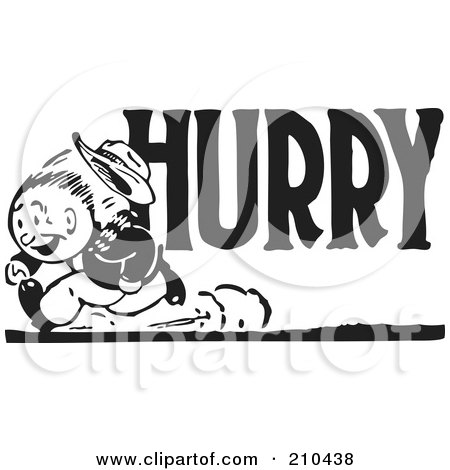 Royalty-Free (RF) Clipart Illustration of a Retro Black And White Man Running On A Hurry Advertisement by BestVector