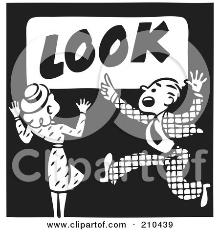 Royalty-Free (RF) Clipart Illustration of a Retro Black And White Woman And Man On A Look Advertisement by BestVector