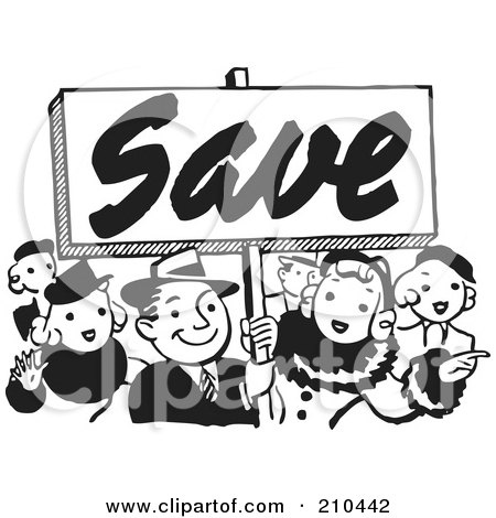Royalty-Free (RF) Clipart Illustration of a Retro Black And White Crowd With A Save Sign by BestVector